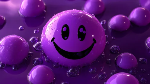 Purple glossy smiley sphere floats among wet bubbles