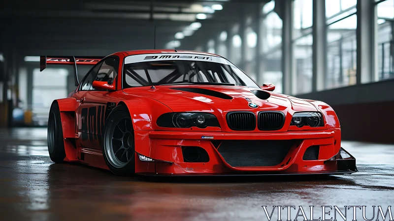 Red BMW race car stands in garage under diffuse daylight