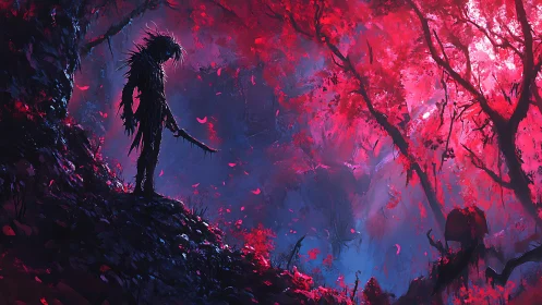 Shadow wanderer in a glowing crimson dream-forest.