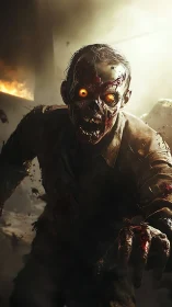 Gory undead figure advances through smoke in cinematic lighting