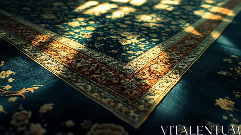 Photorealistic oblique close-up of sunlit oriental rug edge.