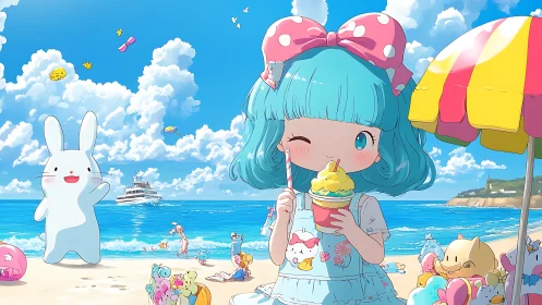 Sugary seaside daydreams with pastel girl and plushy friends.