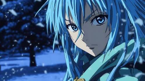 Blue-haired anime hero in snowfall with intense gaze.