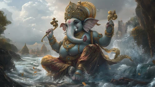 Storm-taming Ganesha lounges between temples and thunderous seas