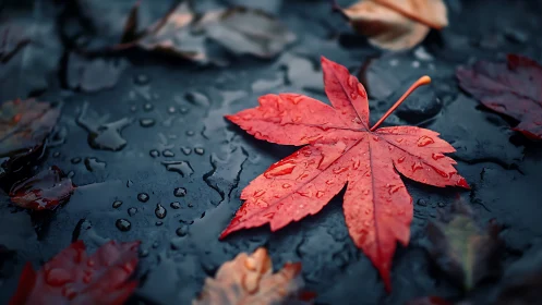 Bright red maple leaf rests on rain-soaked dark pavement.
