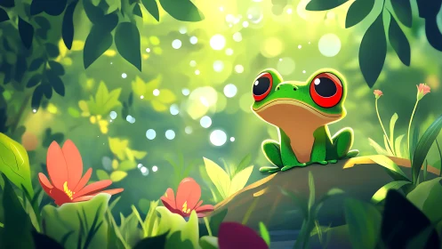 Cartoon frog sits on a forest rock amid stylized foliage