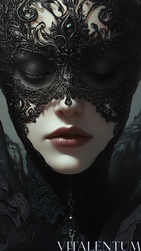 Baroque filigree mask frames porcelain face with velvety chiaroscuro