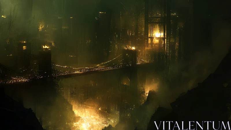 Infernal suspension bridge across industrial abyss in flames.