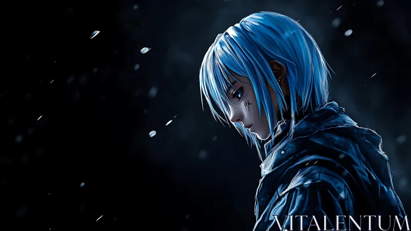 Melancholic blue haired anime figure in cold nocturnal rain