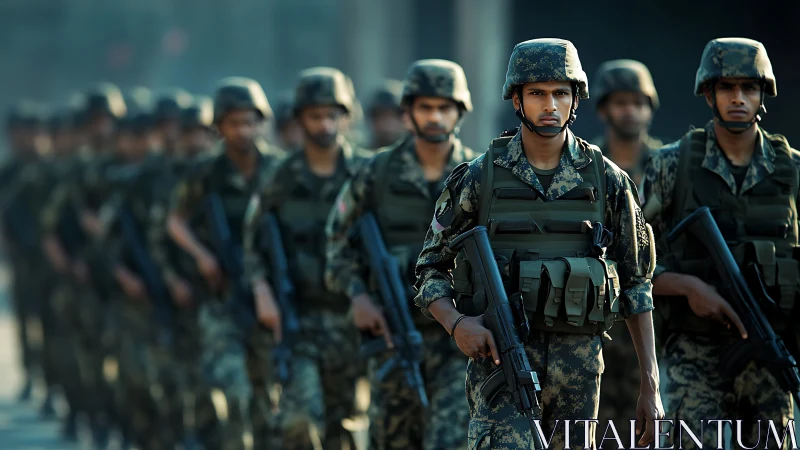Armed soldiers in camouflage uniforms march in tight formation
