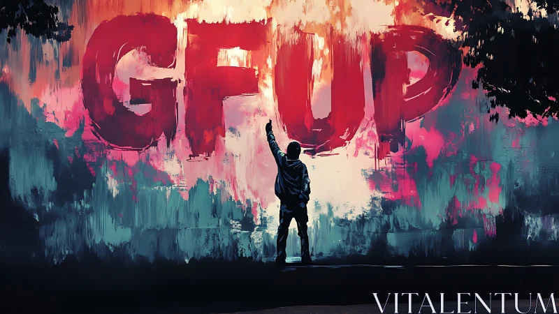 Silhouetted figure facing large GFUP graffiti wall at night.