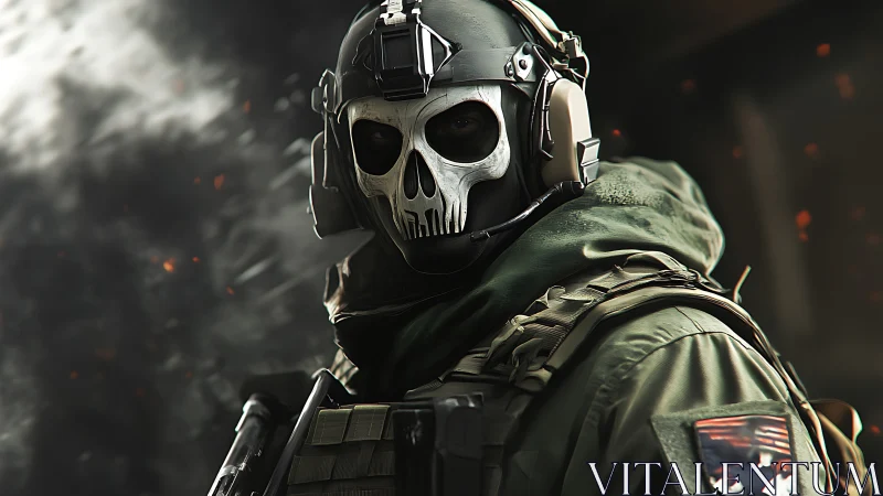 Tactical soldier in skull mask with headset in combat gear.