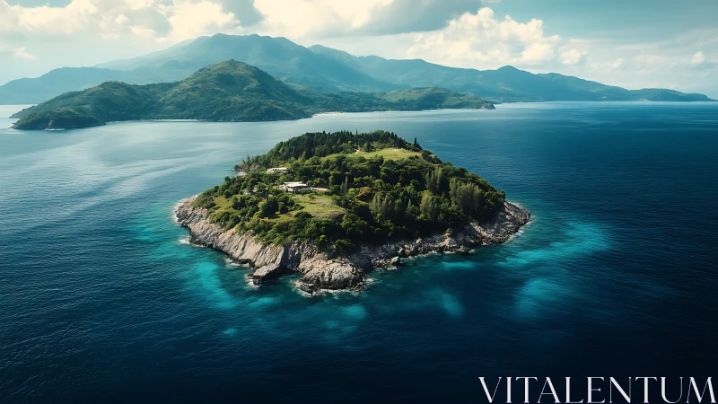 Forested Island Formation with Distant Volcanic Peak.