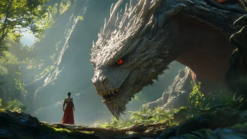 Forest truce between crimson-robed wanderer and elder dragon.