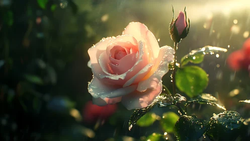 Rose with Morning Dew and Unopened Bud.