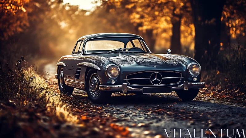 Classic Mercedes coupe stands on forest road at golden hour