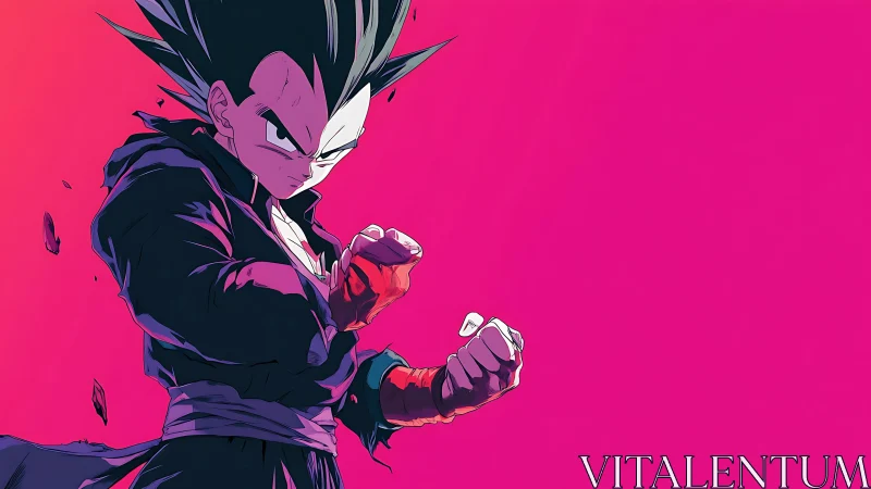 Intense anime fighter in dark outfit on pink backdrop.