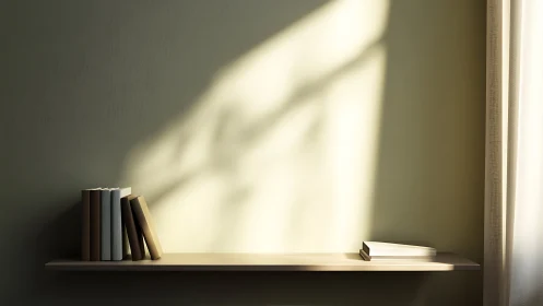 Soft morning light falls across a minimalist bookshelf scene.