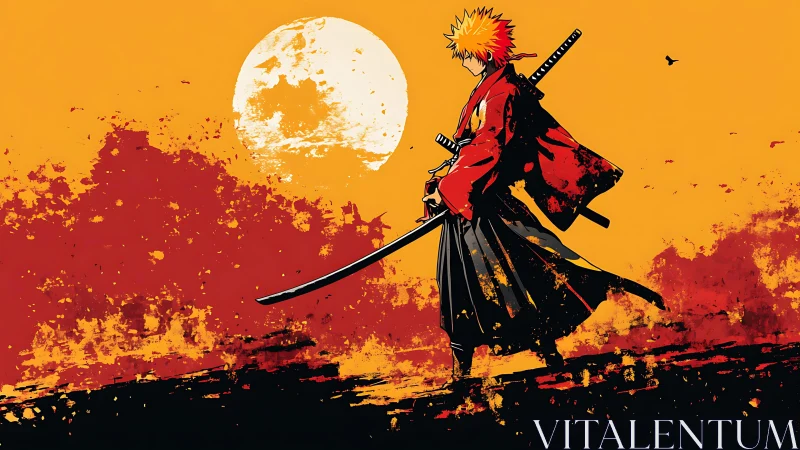 Samurai figure with dual swords against orange moon backdrop.