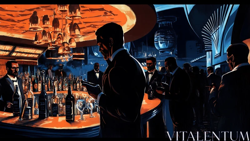 Tuxedoed patrons stand at an illuminated bar counter