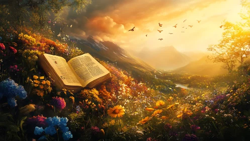 Open illuminated book anchors a luminous floral valley at dawn