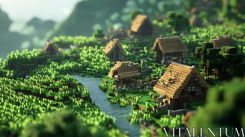 Voxel river village glows under soft daylight depth-of-field
