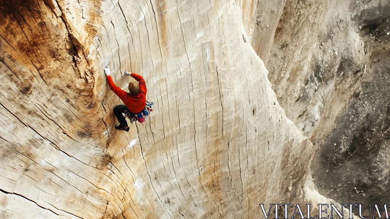 Vertical sandstone scroll curls around a lone red-clad climber