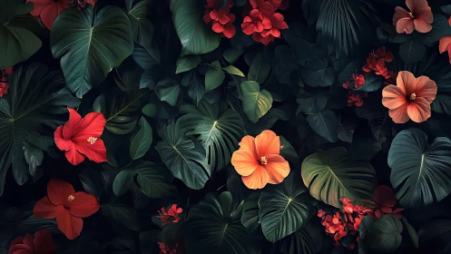 Tropical garden blooms amid lush dark green foliage.