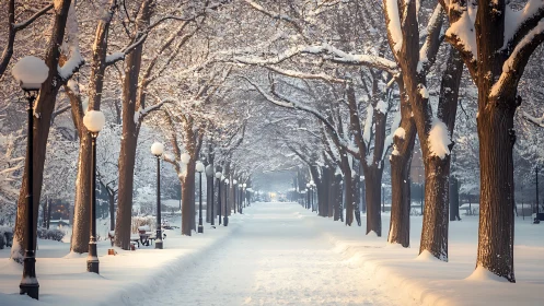 Snowy tree-lined avenue glows under soft winter lamplight.