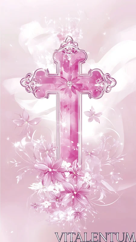 Soft pink crystal cross wrapped in glowing floral light.