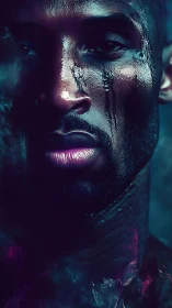 Neon-lit portrait captures intense emotion in shimmering detail.