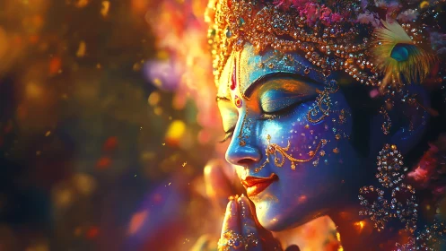 Divine blue deity portrait glows within jeweled golden light