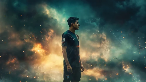 Soccer athlete in cosmic smoke with cinematic rim lighting.
