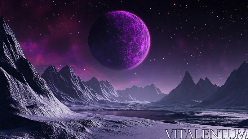 Violet planet rising above crystalline alien tundra.