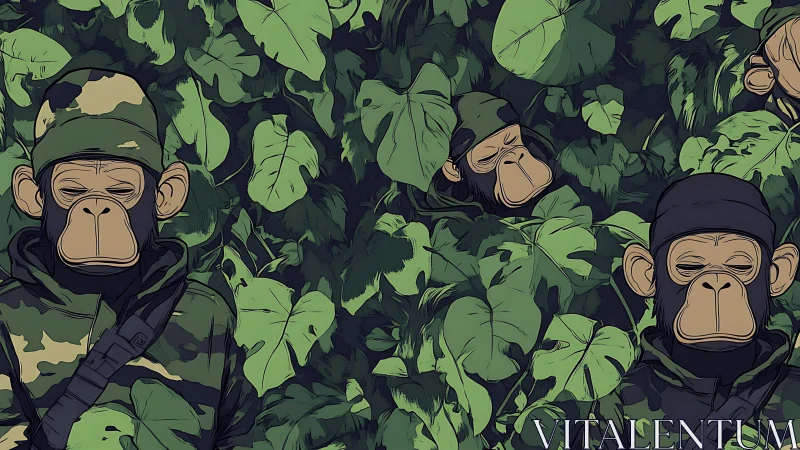 Camouflaged chimp soldiers embedded in dense stylized jungle foliage