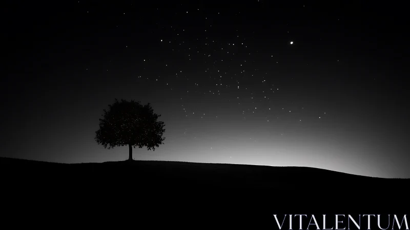 Solitary tree crowns dark hill under star-filled night sky