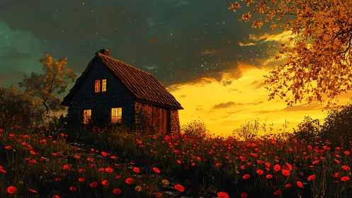 Stone cottage stands in red flower field under sunset sky