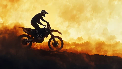 Trailblazing dirt biker cuts firelit path through dusk sky.