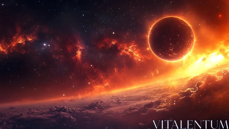 Stellar eclipse above clouded horizon with fiery nebula glow