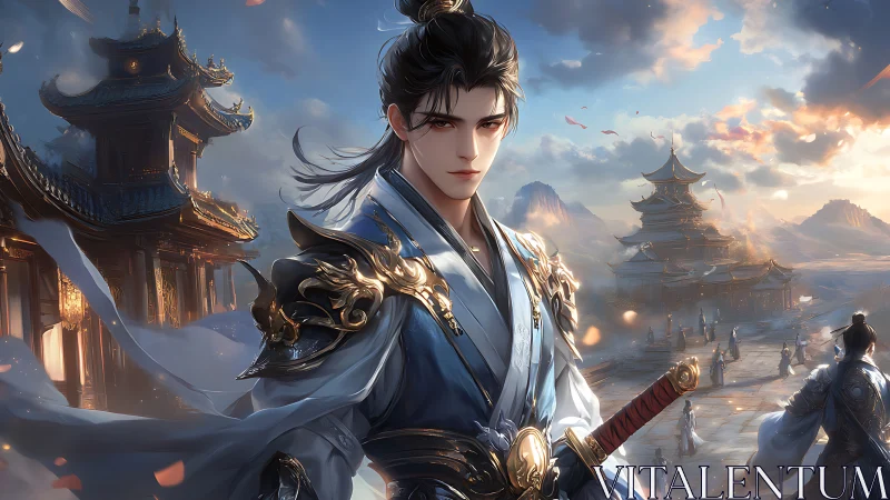 Heroic wuxia swordsman in ornate armor before mountain temple