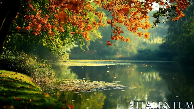 Autumn foliage over reflective lake with surface lily pads.