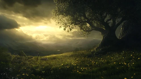 Twilight meadow breathes under an ancient storytelling tree