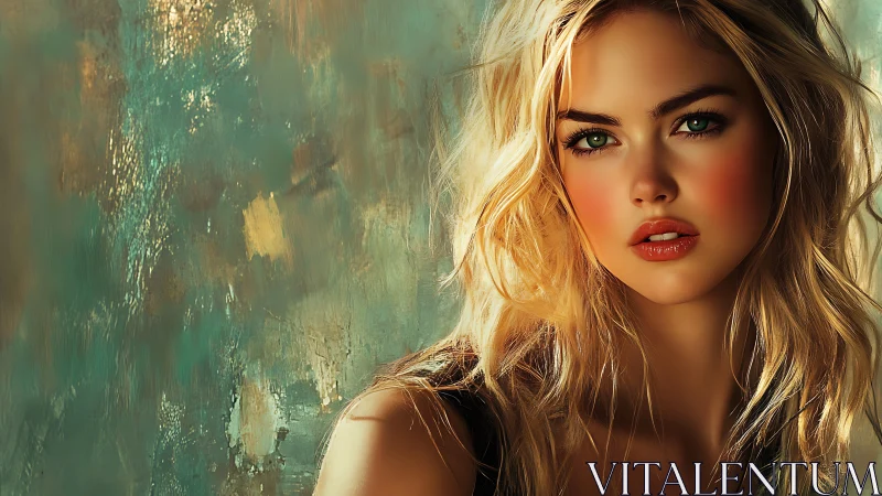 Blonde woman portrait against textured teal painted wall.