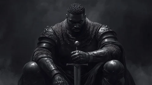 Brooding black knight at rest with sword and quiet strength.