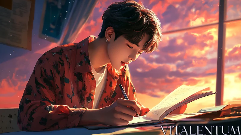 Sunset-lit student writing in notebook beside window.