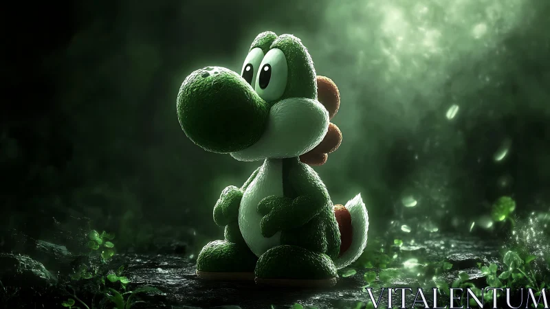 Gentle green dinosaur friend glows softly in a misty forest