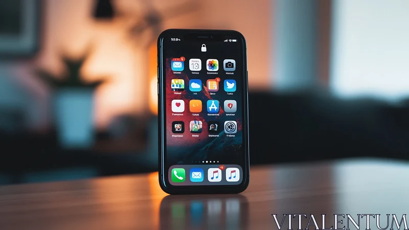 iPhone home screen display on wooden surface with blurred background.