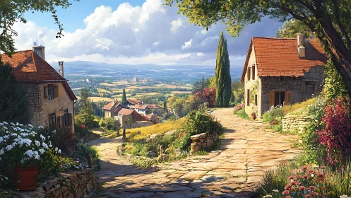 Stone village lane with cottages and distant valley view.