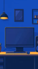 Minimalist workstation illustration with bold duotone lighting.