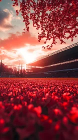 Stadium structure at sunset with red-toned foliage foreground.